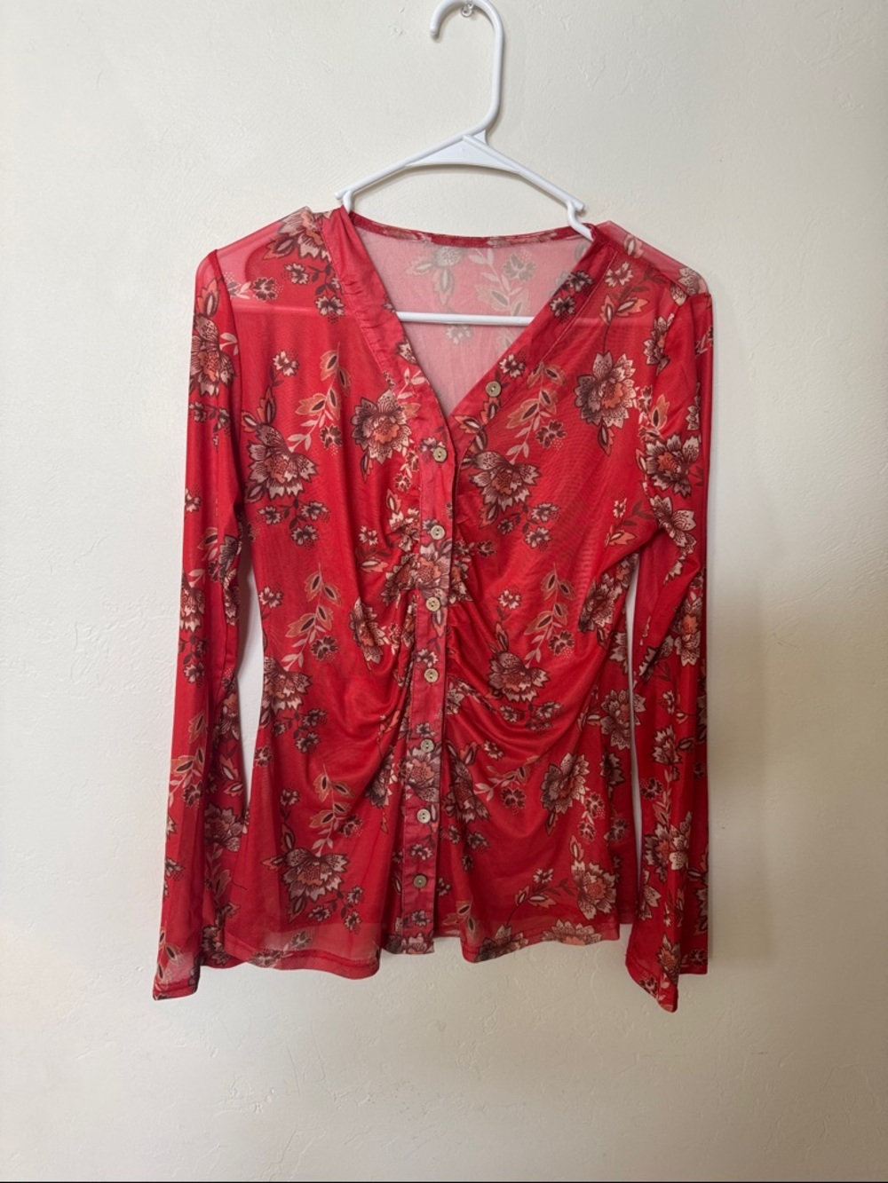 Women's Red Floral Button-Front V-Neck Top